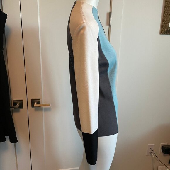 St. John Colorblock Full Zip Wool Rayon Knit Cardigan Blue Cream Grey Blk Sz 4 - Picture 6 of 12